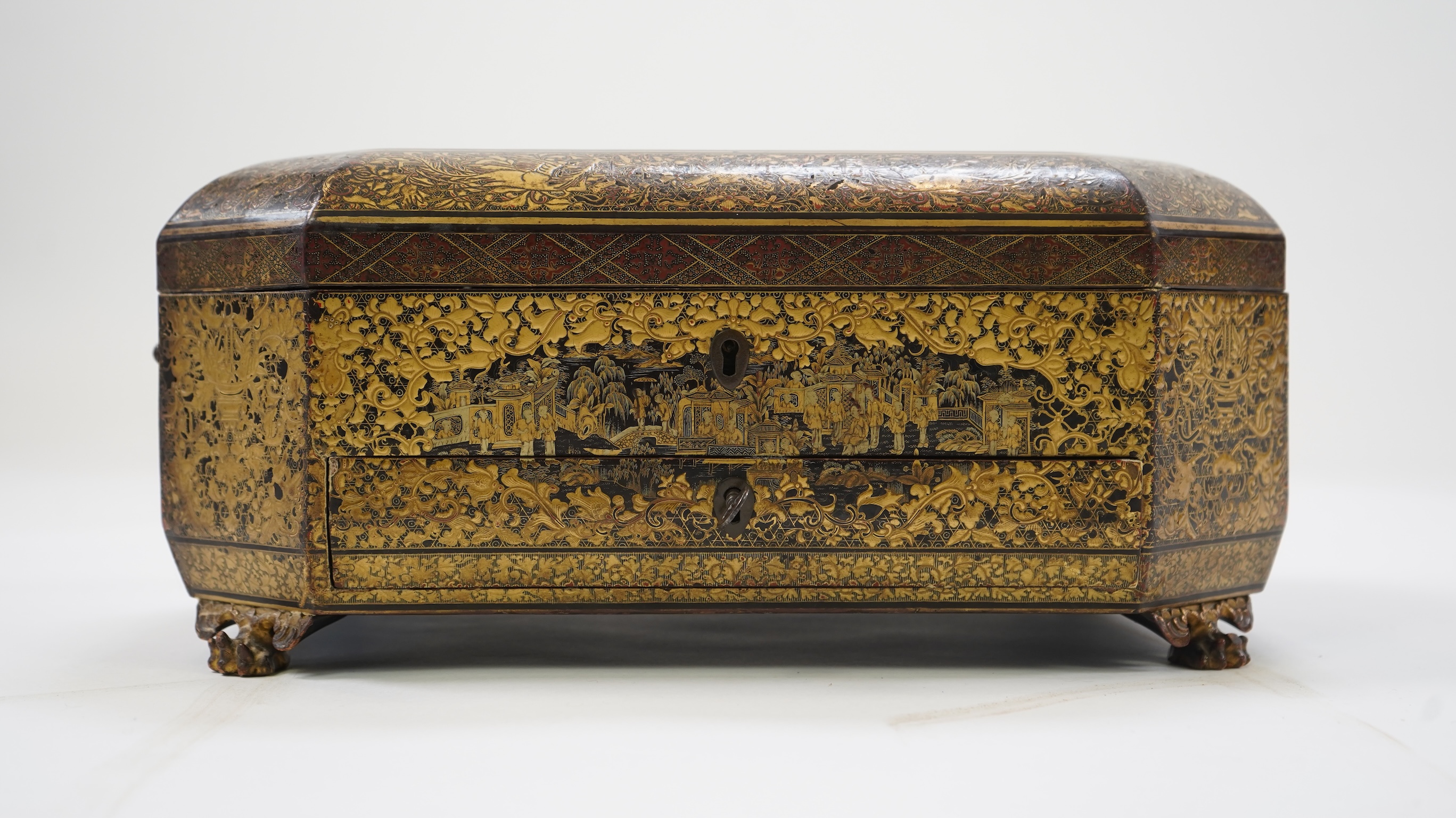 A Chinese export gilt decorated black lacquer sewing box, 19th century